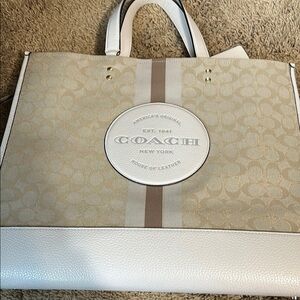 Coach Dempsey Beige and White Tote Bag